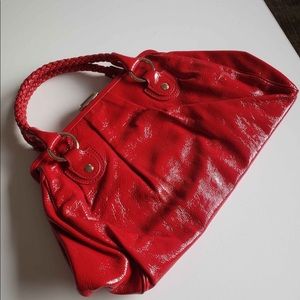 Red leather handbag